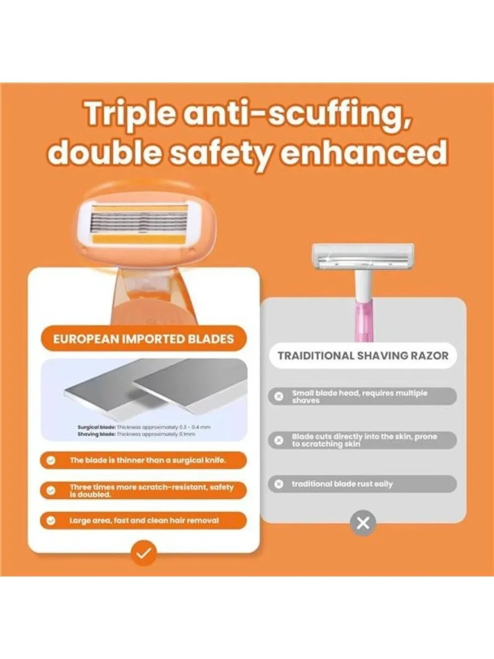 Women Travel Razor 5 Blade Close Shaving Kit Reusable Handle With Case Orange